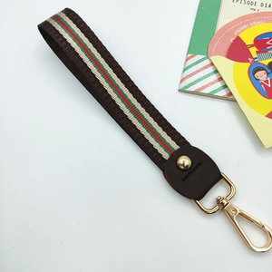 Detail of red and green striped web strap with brown leather and gold metal carabiner