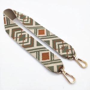 Close-up of geometric pattern guitar strap for bags with gold-tone swivel lobster clasps
