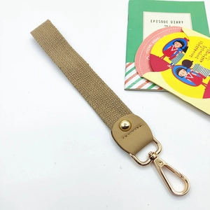 Khaki polyester webbing hand strap with brown leather connector and gold lobster clasp