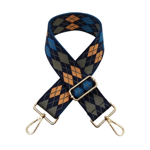 Adjustable 5cm wide jacquard bag strap with argyle pattern and gold metal hardware hooks