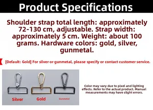 Close-up of adjustable metal hooks in gold silver and gun black for 5cm wide straps
