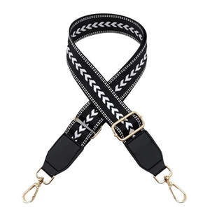Ethnic style black and white herringbone wide bag strap with gold hooks and leather detail