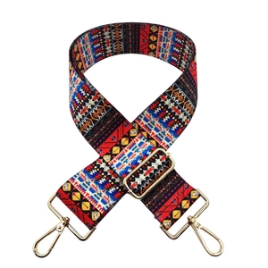 Ethnic style colorful 5cm wide bag strap with geometric bird patterns and gold hardware