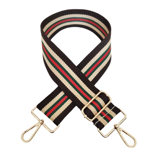 Adjustable 5cm wide replacement shoulder strap with red green stripes and gold hooks