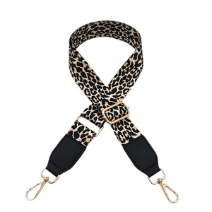 Adjustable leopard print bag strap with golden hardware and black leather connectors