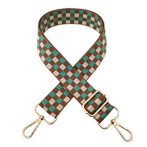 Adjustable 3.8cm wide bag strap with brown and blue checkered pattern and gold hardware