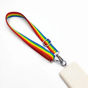 Close-up of rainbow striped nylon shoulder strap with silver metal buckles and clip