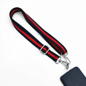Close-up of red and black striped nylon phone lanyard with adjustable silver metal buckle
