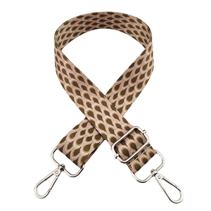 Close-up of 3.8cm adjustable woven bag strap with vintage pattern and silver metal hooks