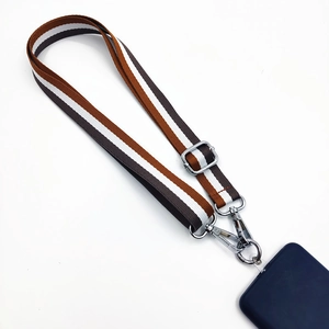 Detail of adjustable striped phone lanyard with silver metal hooks and buckle