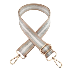 Adjustable 3.8cm beige and silver striped replacement shoulder strap with gold hardware