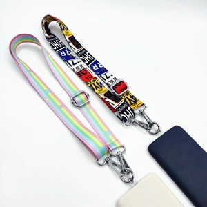 Detail of adjustable phone lanyard straps in rainbow star and vintage graffiti styles