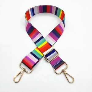 Adjustable rainbow striped wide shoulder strap for bags with gold metal spring hooks