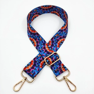 Ethnic style colorful woven shoulder strap with wave pattern and gold metal hooks