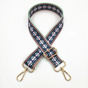 Detail of colorful ethnic geometric woven strap with gold metal swivel lobster clasps