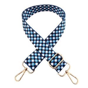 Adjustable wide shoulder strap with blue geometric ethnic pattern and gold buckles