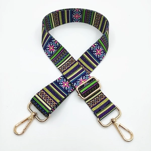 Close-up of ethnic style woven adjustable bag strap with colorful geometric patterns