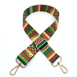 Adjustable bohemian style wide bag strap with colorful geometric patterns and gold clips