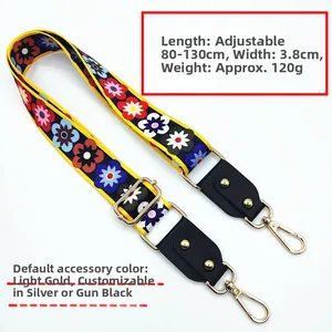 Adjustable floral bag strap with gold buckles, dimensions 80-130cm long and 3.8cm wide