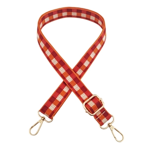 Adjustable 2.5cm wide checkered crossbody strap with red and orange pattern and gold hooks