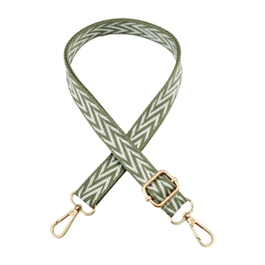 Army green chevron pattern wide canvas shoulder strap with gold-tone hardware buckles