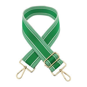 Detail of adjustable green and white striped wide fabric strap with gold metal hooks