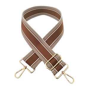 Detail of 5cm wide striped canvas strap with polished gold-tone metal swivel hooks