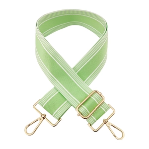 Detail of adjustable 5cm wide green striped canvas strap with gold metal lobster clasps