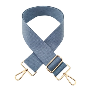 Adjustable denim blue wide woven shoulder strap with gold metal lobster clasps
