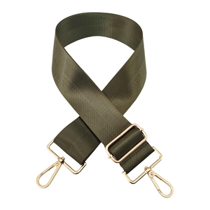 Detail of army green 5cm wide nylon shoulder strap with gold metal lobster clasps