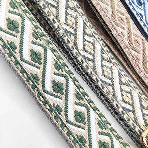 Macro shot of ethnic style embroidered woven bag straps with vintage geometric patterns