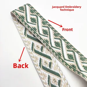 Detailed close-up of ethnic jacquard embroidery strap showing front and back weave texture