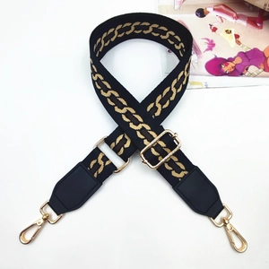 Adjustable wide nylon shoulder strap with gold chain pattern and metal swivel hooks