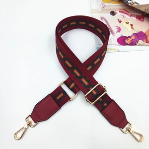 Adjustable wide woven shoulder strap with retro geometric embroidery and gold lobster clasps