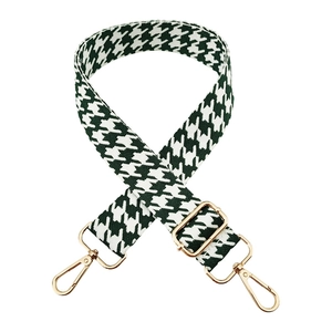 Adjustable green houndstooth embroidered bag strap with golden metal lobster clasps