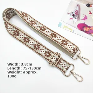 Detail of adjustable bohemian jacquard bag strap with golden metal clips and geometric patterns
