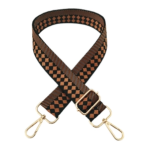 Close-up of woven adjustable shoulder strap with brown and black geometric diamond patterns