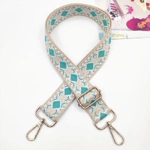 Ethnic geometric pattern woven wide bag strap with light gold metal swivel hooks