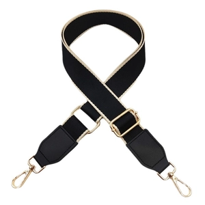 Adjustable wide replacement strap with black and beige webbing and gold metal buckles
