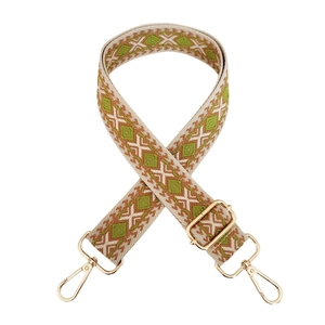 Ethnic style embroidered bag strap with geometric patterns and golden metal lobster clasps