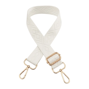Adjustable white woven bag strap with geometric diamond pattern and gold hardware