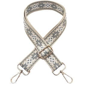 Ethnic style wide adjustable shoulder strap with gray geometric jacquard and gold metal hooks