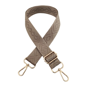 Close-up of khaki geometric woven shoulder strap with gold metal lobster clasps