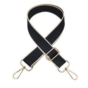 Adjustable wide canvas bag strap in black and beige weave with gold metal hooks