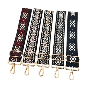Five ethnic geometric jacquard woven bag straps with gold metal hooks and buckles
