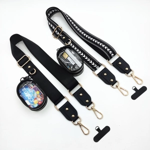 Adjustable crossbody phone strap set with patterned nylon web and clear PVC pouch