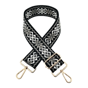 Adjustable ethnic embroidery shoulder strap with geometric pattern and gold swivel hooks