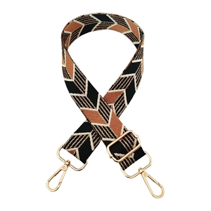 Vintage jacquard wide shoulder strap with geometric chevron pattern and gold metal hooks