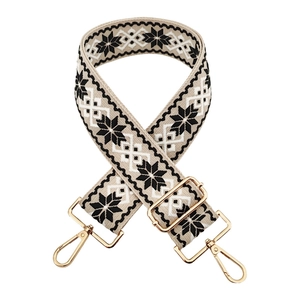 Close-up of 5cm ethnic jacquard bag strap with geometric patterns and gold metal hooks