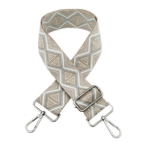 5cm wide geometric jacquard bag strap with silver metal hooks and adjustable buckle